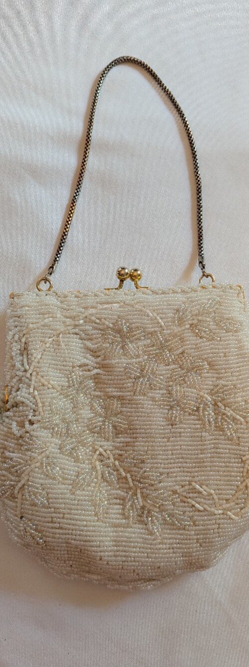 Beaded Ivory Evening Bag with Chain Handle